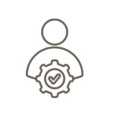 Line icon of a person with a gear and checkmark symbolizing user settings and profile verification.