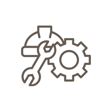 Line icon of a construction hard hat, wrench, and gear representing industrial maintenance and engineering services.