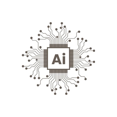 Artificial Intelligence AI computer chip processor icon with digital circuit board lines.