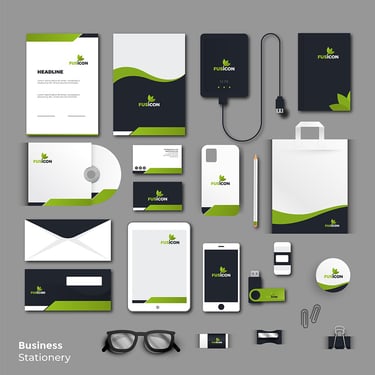 Clean white letterhead and matching envelope with company branding