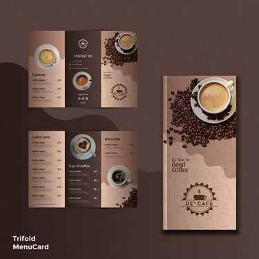 Café menu card with a light beige background featuring handwritten-style fonts, sections for coffee