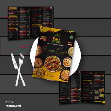 Restaurant menu card featuring a rustic back background with sections for appetizers, main courses