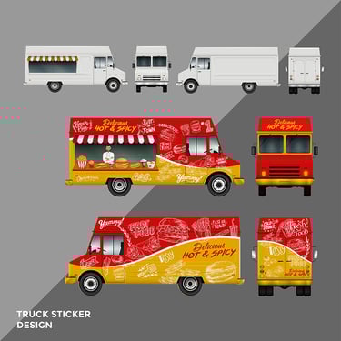 Mockup of a brightly colored food truck parked outdoors, featuring a bold logo on the side