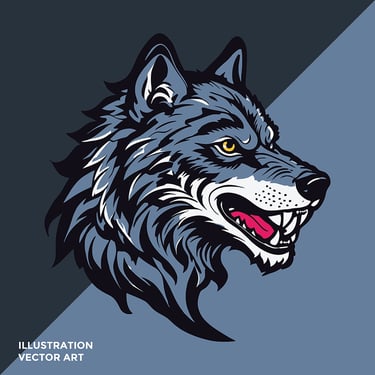 Vector illustration of a wolf’s head in profile, featuring sharp geometric shapes and shades of gray