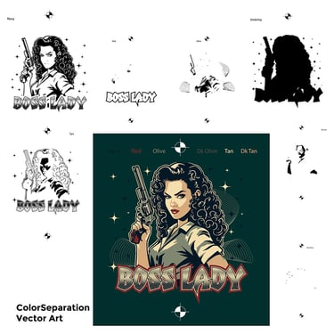 Color separation layers for screen-printed t-shirt design showing CMYK inks