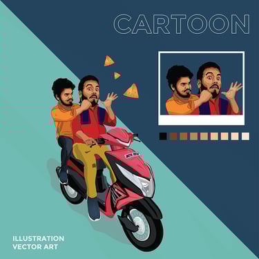 Concept art cartoon of two boys driving a scooty, enjoying the ride