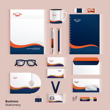 Minimalist business card design with navy blue logo and contact info