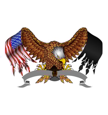 Vector illustration of a bald eagle gripping an American flag in its talons, with wings spread wide