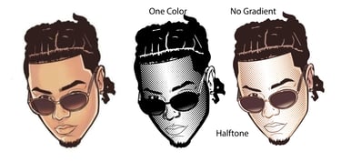 Halftone illustration of a human face created with black dots of varying sizes on a white background