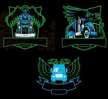 Logo design featuring a stylized eagle with outstretched wings perched above a semi-truck silhouette