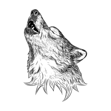 Black and white line art of a wolf’s head in profile, featuring clean, sharp lines that define its fur, ears, and intense eye