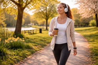Robb Sheridan client walking through a sunlit park in spring with headphones and coffee. 