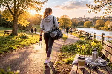 Robb Sheridan client walking along a sunlit park path in spring with gym bag and trainers nearby.