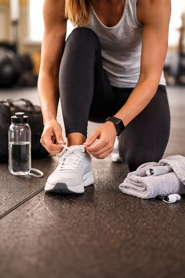 Robb Sheridan client tying trainers on a gym floor before starting a workout.