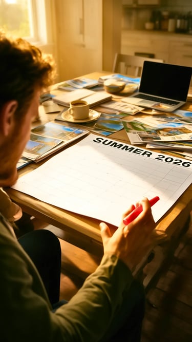 Man holding a red marker over a blank 'SUMMER 2026' travel calendar on a table with a laptop.