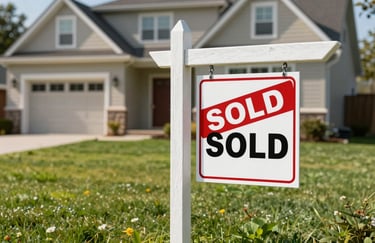 A professional North American residential real estate 'Sold' sign standing in a well-manicured lawn under bright sunlight, with the house softly blurred in the background, symbolizing successful transactions.