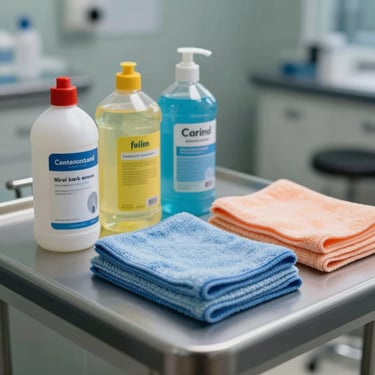 Professional medical-grade cleaning supplies and microfiber cloths neatly arranged on a sterilized surface in a North American clinic setting.