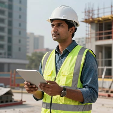 A professional portrait of a South Asian construction supervisor wearing a hardhat and safety vest, holding a digital tablet on a modern site.