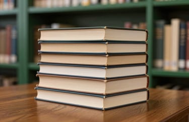 A stack of educational books in warm stone colors resting on a polished wooden surface in a library with deep green shelves.