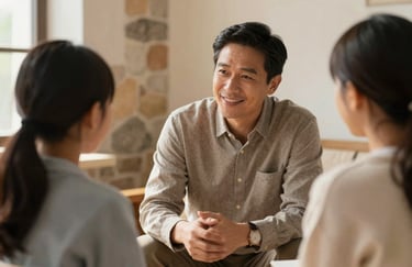 A professional mentor in modest attire interacting kindly with a student in a sunlit room with warm stone accents.
