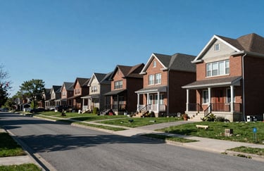 A wide-angle landscape shot of a quiet, upscale residential street in Ontario, Canada, featuring brick houses, green lawns, and a clear blue sky.