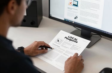 A close-up of a professional designer working on a high-resolution layout for a local business flyer on a dual-monitor setup in a bright Canadian studio.
