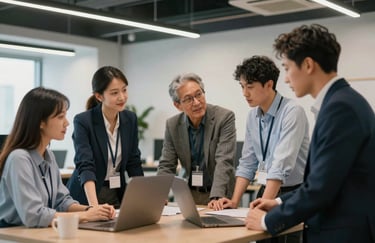 A group of professional tech consultants in business-casual attire collaborating in a modern North American / US office space.