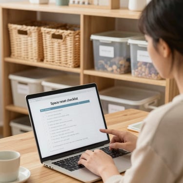 A person holds a checklist while attending an online coaching session with a male professional on a computer.