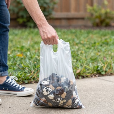 Picking up a bag of dog waste from cleaning back yard of a house