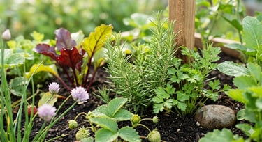 Fresh home garden with rosemary, parsley, and beet greens growing in a raised wooden garden bed.