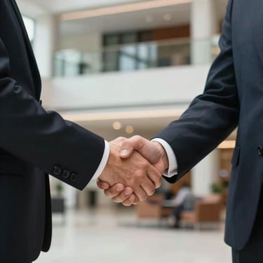 Photography of a firm, professional handshake between two people in business suits, set against a blurred background of a modern architectural lobby in Bratislava. The scene radiates mutual trust and a successful partnership.