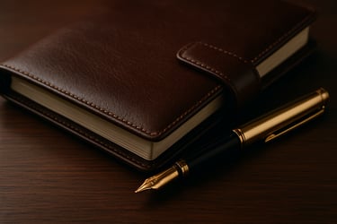 Close-up shot of a leather-bound planner and a high-end gold fountain pen resting on a dark wood surface. The lighting is sophisticated, suggesting financial reliability and careful administrative planning in a Central European business context.