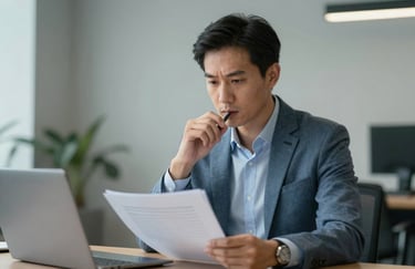 A professional financial advisor in a North American corporate setting, holding a pen and looking thoughtfully at a report, medium blue and light gray palette.