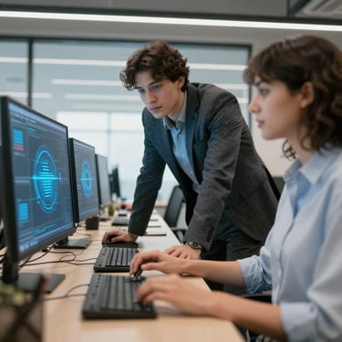 A sleek, modern laptop on a minimalist white desk showing a clean software code interface with syntax highlighting in teal #4CAF9D and dark blue #0F1D33. The background is a soft-focus office with professional lighting, projecting a high-end tech environment.