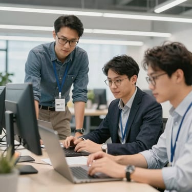 A sleek, modern laptop on a minimalist white desk showing a clean software code interface with syntax highlighting in teal #4CAF9D and dark blue #0F1D33. The background is a soft-focus office with professional lighting, projecting a high-end tech environment.