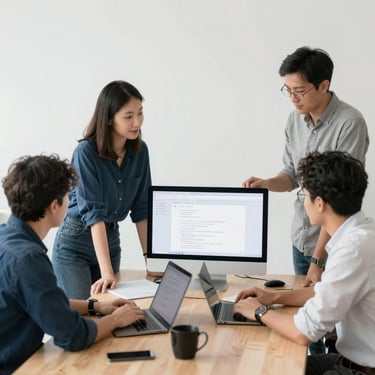 A sleek, modern laptop on a minimalist white desk showing a clean software code interface with syntax highlighting in teal #4CAF9D and dark blue #0F1D33. The background is a soft-focus office with professional lighting, projecting a high-end tech environment.
