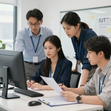 A sleek, modern laptop on a minimalist white desk showing a clean software code interface with syntax highlighting in teal #4CAF9D and dark blue #0F1D33. The background is a soft-focus office with professional lighting, projecting a high-end tech environment.