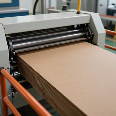 A detailed photograph of thick, brown corrugated cardboard sheets being processed through a heavy-duty industrial slitter-scorer machine in a clean factory. Soft industrial lighting, orange safety rails visible. Middle Eastern / Gulf factory.