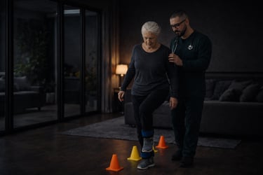 fisioterapeuta realizando exercício de equilibrio em idosa em porto alegre
