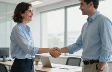 Two professionals in a European Portuguese office shaking hands in a bright, modern setting, symbolizing partnership and trust. Light blue and off-white color palette.