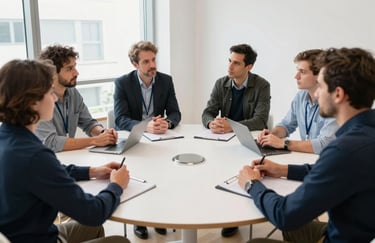 A group of professionals in a European Portuguese workspace engaged in a thematic debate around a white round table, with natural light and a clean, modern aesthetic.