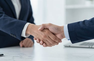 A close-up photo of two professionals shaking hands over a marble table, professional business attire, bright and elegant lighting, #F8F8F8 and #2C4F70 tones.