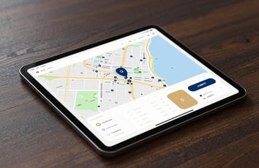 Close-up of a high-end digital tablet displaying logistics maps and data charts, set on a dark wood desk, clean and corporate, incorporating #0A2342 and #C9B07D.