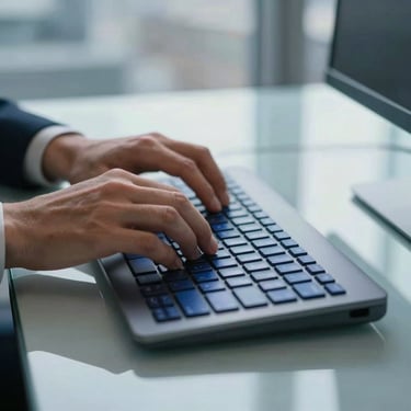 Detailed shot of professional hands typing on a high-end keyboard in a sophisticated glass office in London, with soft reflections of white and royal blue hues.