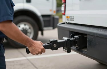 A professional shot of a tow truck hitch being secured to a vehicle, emphasizing safety and professional service in Houston.