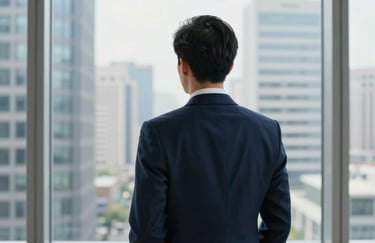 A professional man in a sharp suit, seen from behind, looking out at a large window overlooking a business district. The shot captures a sense of leadership and vision. Colors include deep midnight blue.