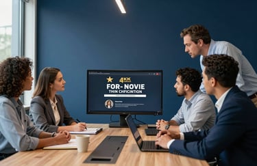 A diverse team of American professionals collaborating around a large monitor in a deep navy blue conference room with natural light.