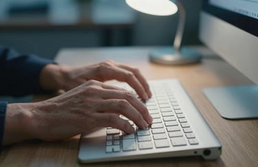 A close-up shot of professional hands typing on a modern keyboard, illuminated by a clean steel blue desk lamp in a sophisticated office environment.