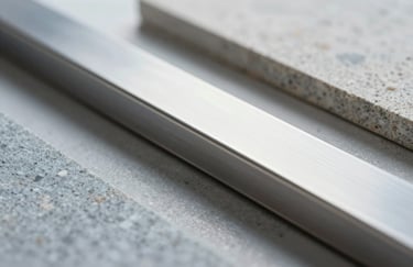 Close-up of premium building materials, focusing on high-quality stone and polished steel used in construction, professional and sharp focus, #2D323A and #A8B6C7 colors.
