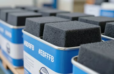 Drums of high-quality foam concentrate, professional industrial packaging, sharp focus, clean warehouse setting, #8D9FB0 and #EBF2F7 highlights.